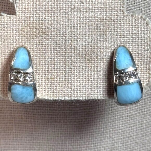 Marahlago Sterling Larimar & White Topaz Omega-Back Earrings Marina Collection - Picture 1 of 6